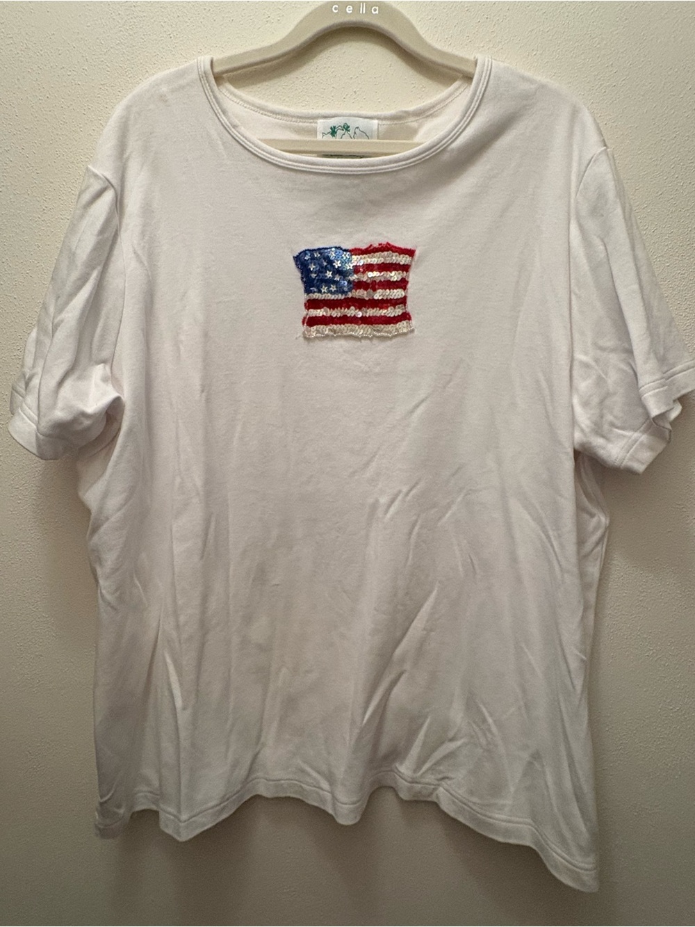 Vintage Quaker Factory White T‑Shirt with American Flag Patch